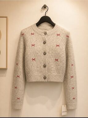 Jessica Simpson Cream Cropped Cardigan with Red Bow Accents